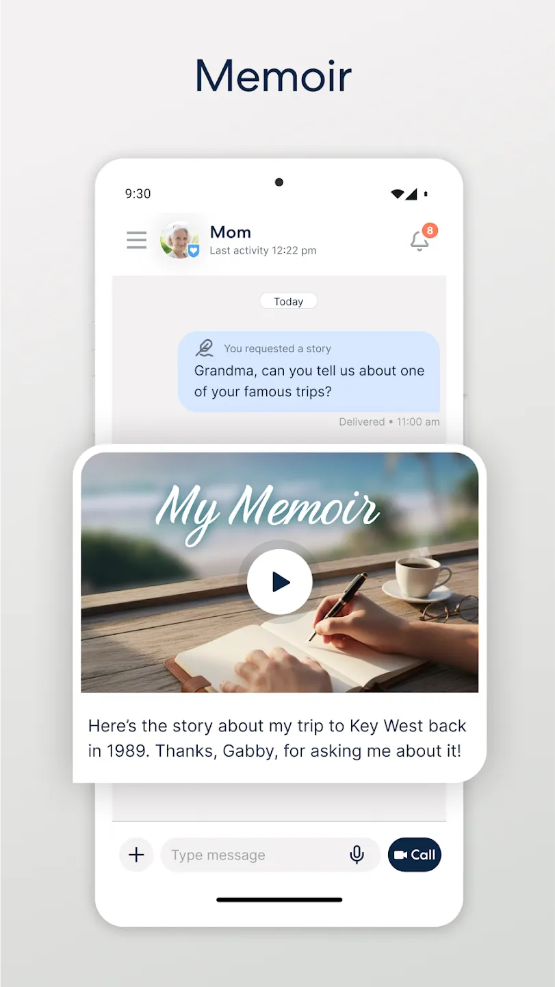 The ElliQ Connect app's memoir feature for capturing life stories
