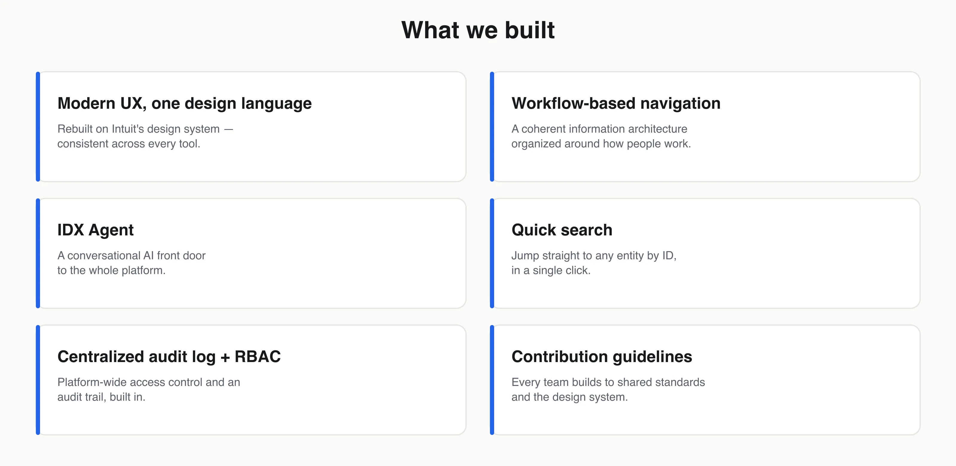 What we built: design system, workflow navigation, IDX Agent, quick search, audit log and RBAC, contribution guidelines